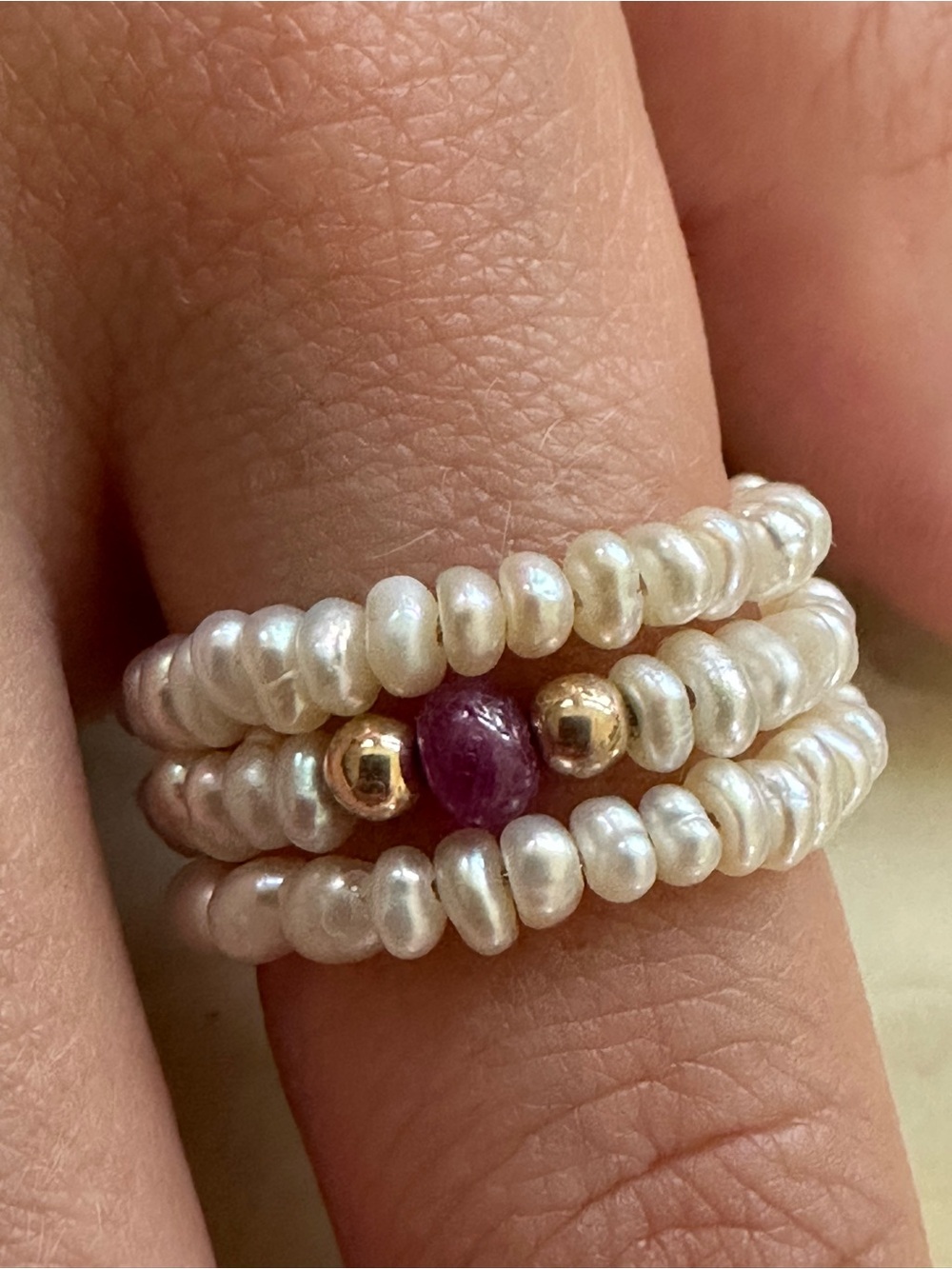 14k gold Freshwater Pearl Stacker Ring with Ruby Accent